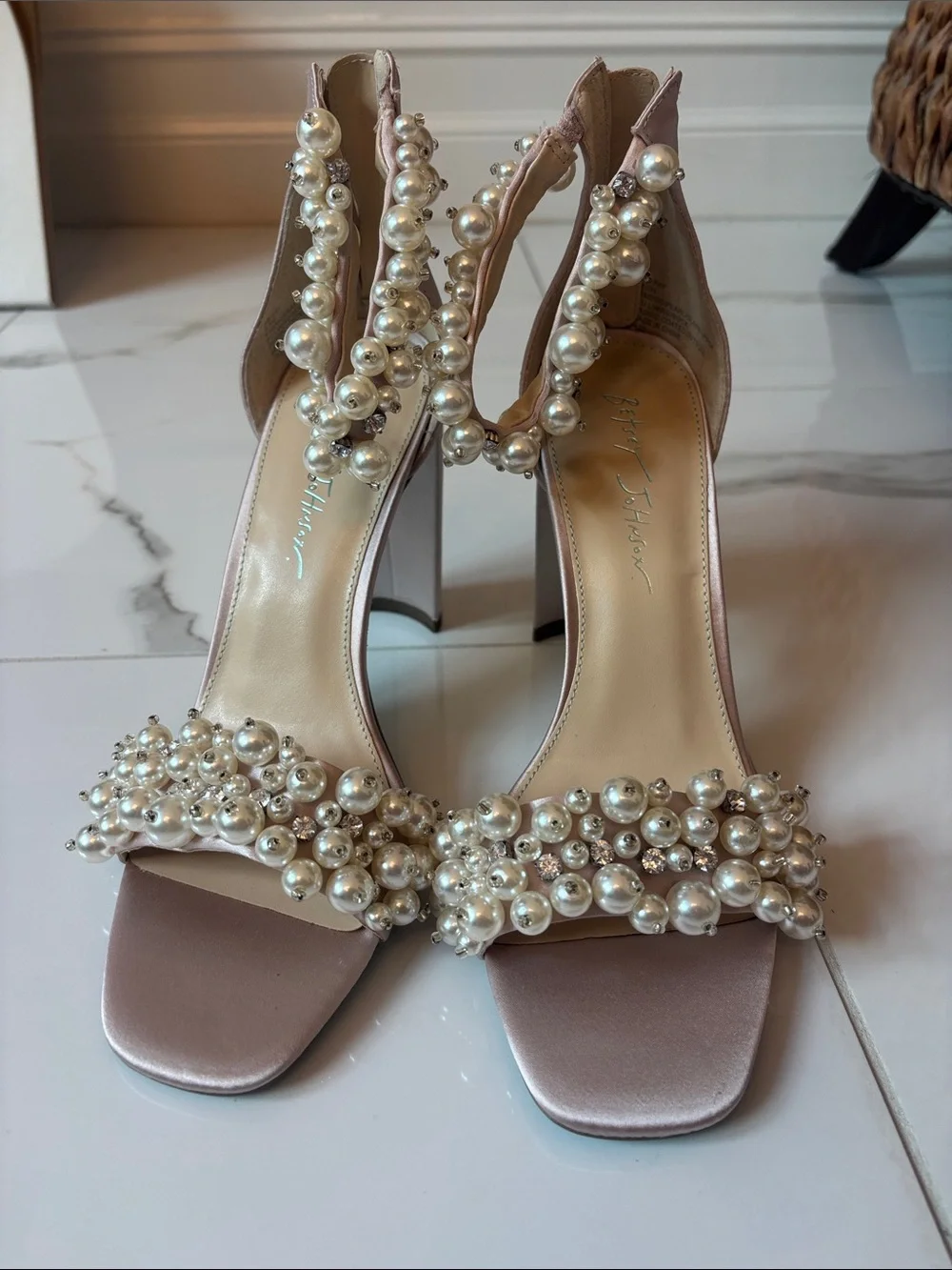 Betsey Johnson Pearl-Embellished Satin Block Heels in Blush Pink - Picture 2 of 6